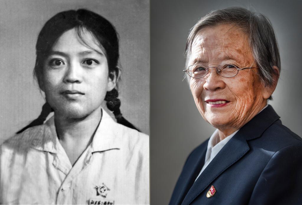 拼版照片:左图为1968年12月北京第二医学院毕业时的路生梅(资料照片),右图为2021年1月18日在佳县窑洞接受采访的路生梅。新华社记者陶明 摄